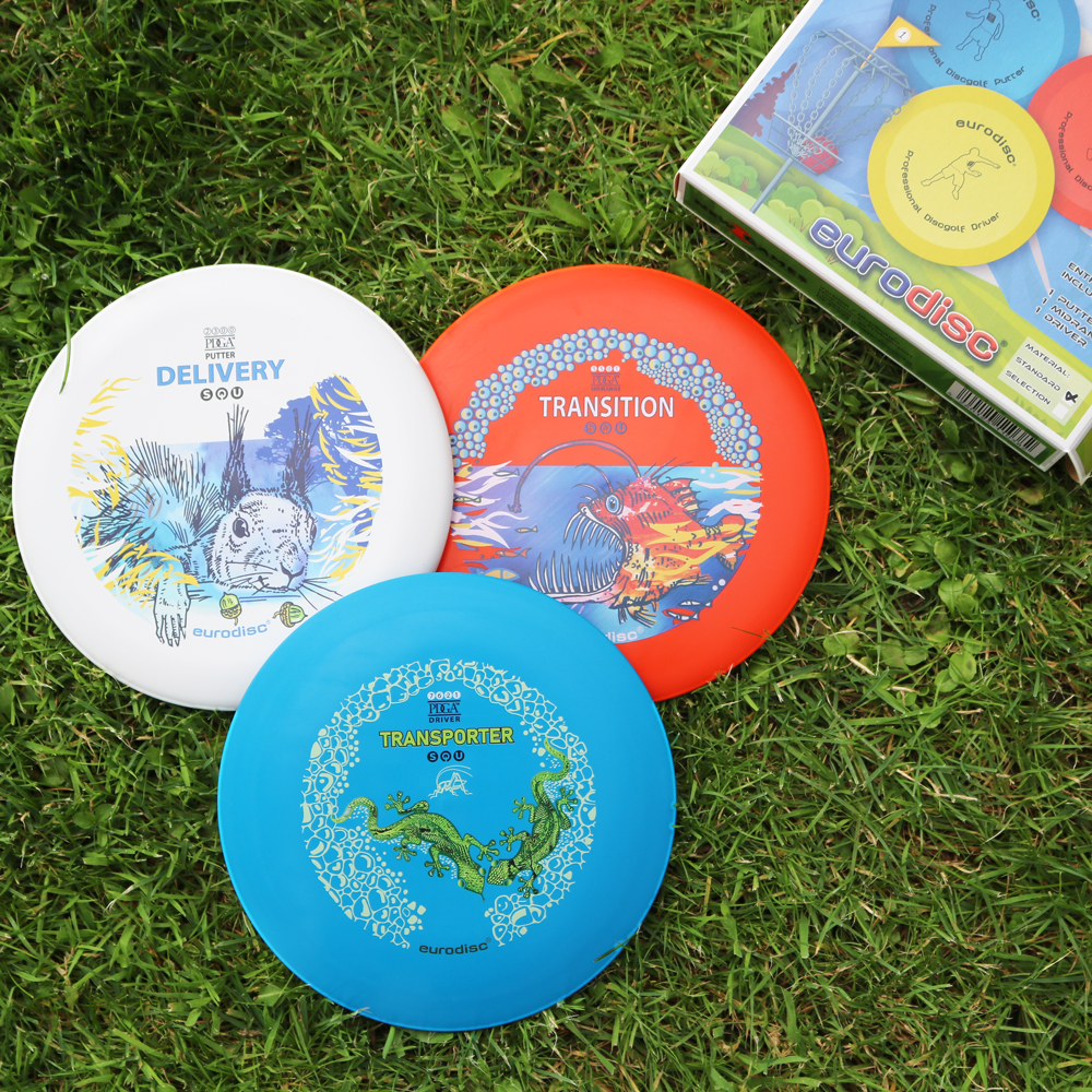 eurodisc® Disc Golf Einsteigerset 3 Scheiben, Design: Animals, WEISS-HELLBLAU-ORANGE