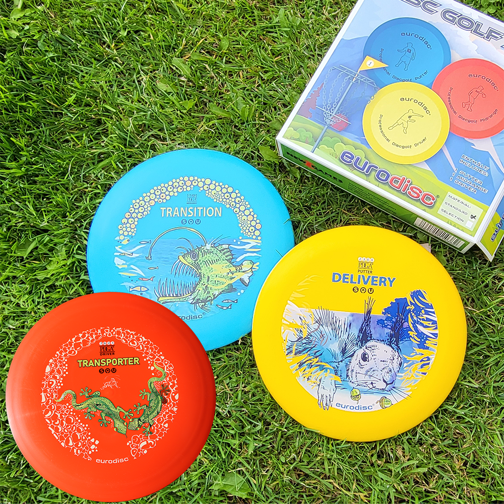 eurodisc® Disc Golf Einsteigerset 3 Scheiben, Design: Animals, hellblau-gelb-orange