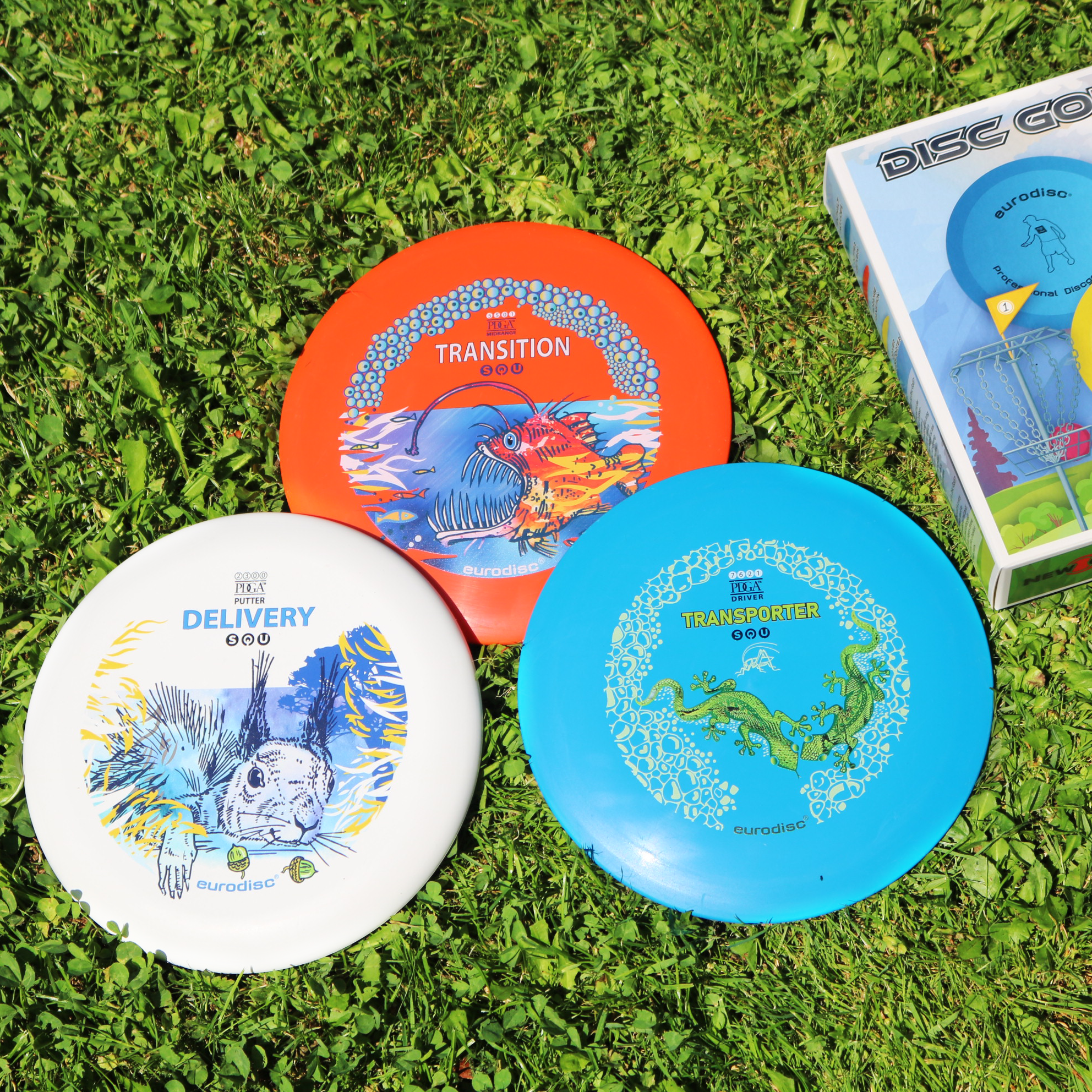 eurodisc® Disc Golf Beginner Set 3 Discs, Design: Animals, yellow - brightblue- orange