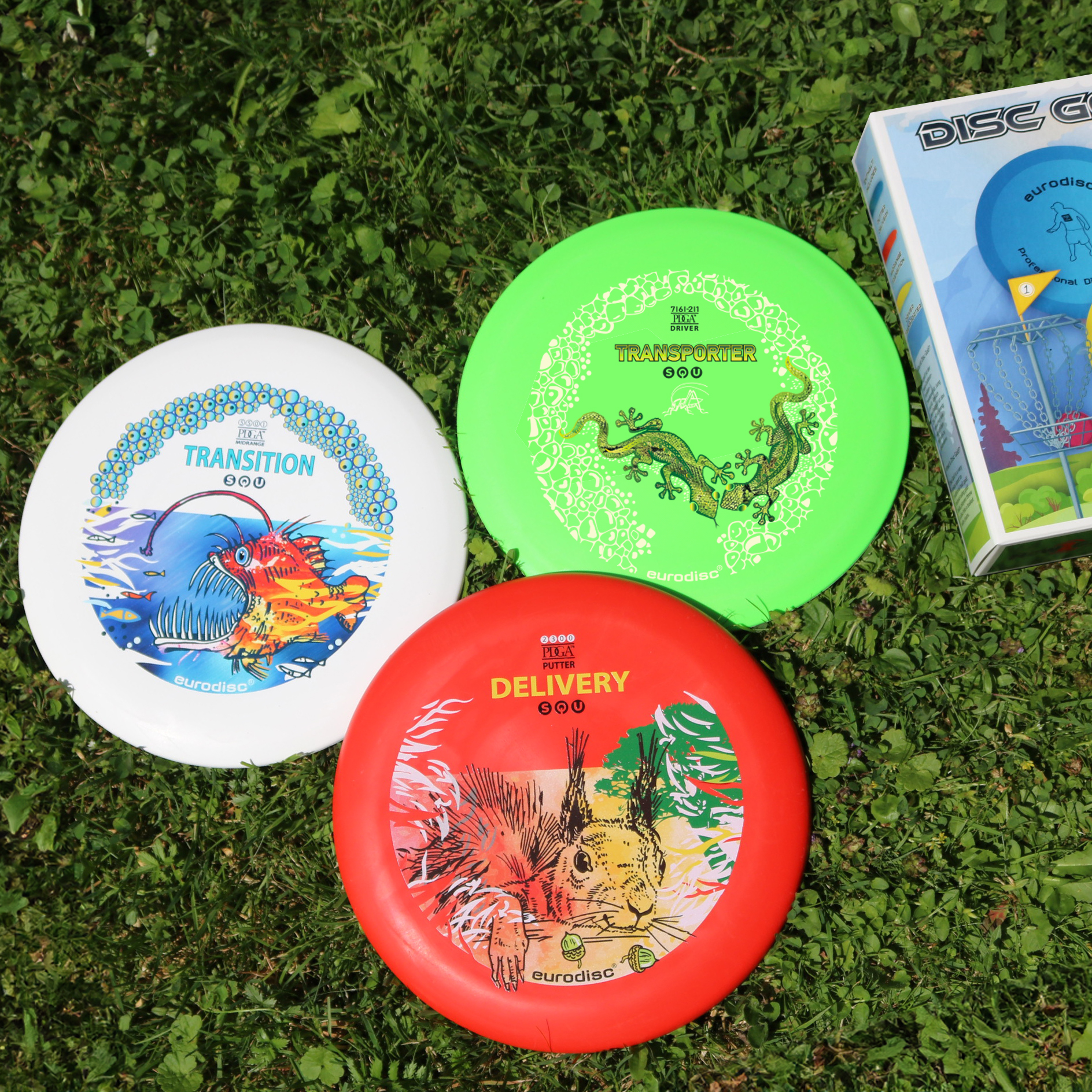 eurodisc® Disc Golf Beginner Set 3 Discs, Design: Animals, red- white- green