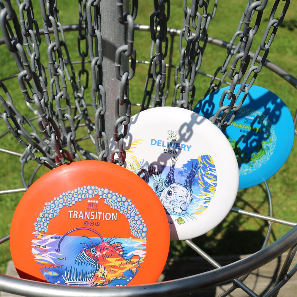 eurodisc® Disc Golf Beginner Set 3 Discs, Design: Animals, yellow - brightblue- orange